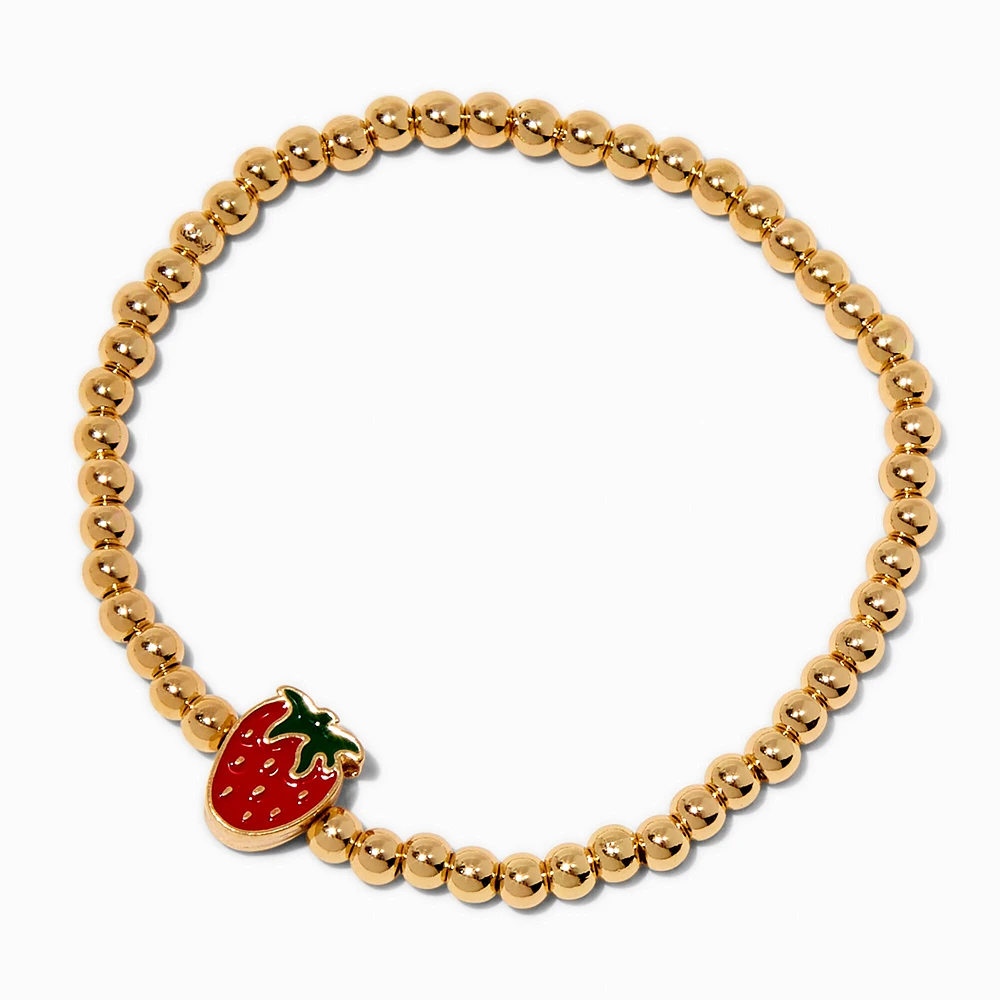 Strawberry Charm Gold-tone Shot Bead Stretch Bracelet