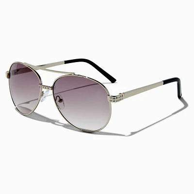 Crystal Accent Silver & Black Aviator Sunglasses