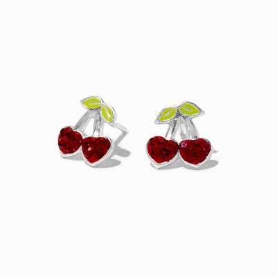 Sterling Silver Crystal Heart Cherry Stud Earrings