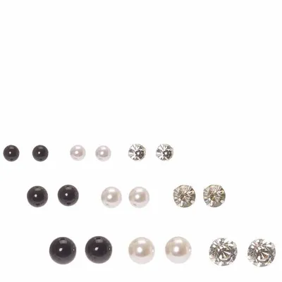 Silver-tone & Black Crystal Graduated Stud Earrings - 9 Pack