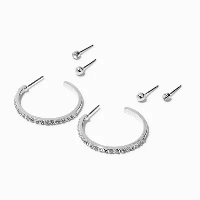 Silver-tone Crystal 25MM Hoop Earrings Stack - 3 Pack