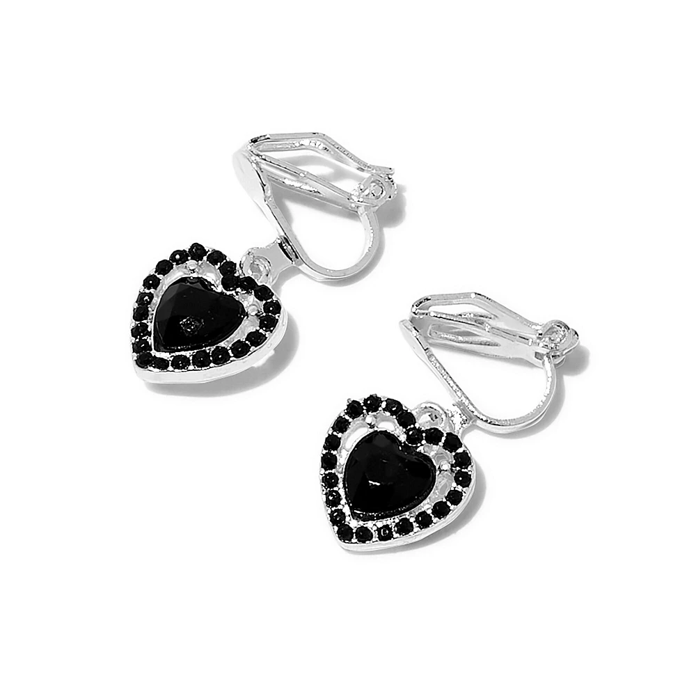 Silver-tone & Black Heart 1'' Clip-On Drop Earrings