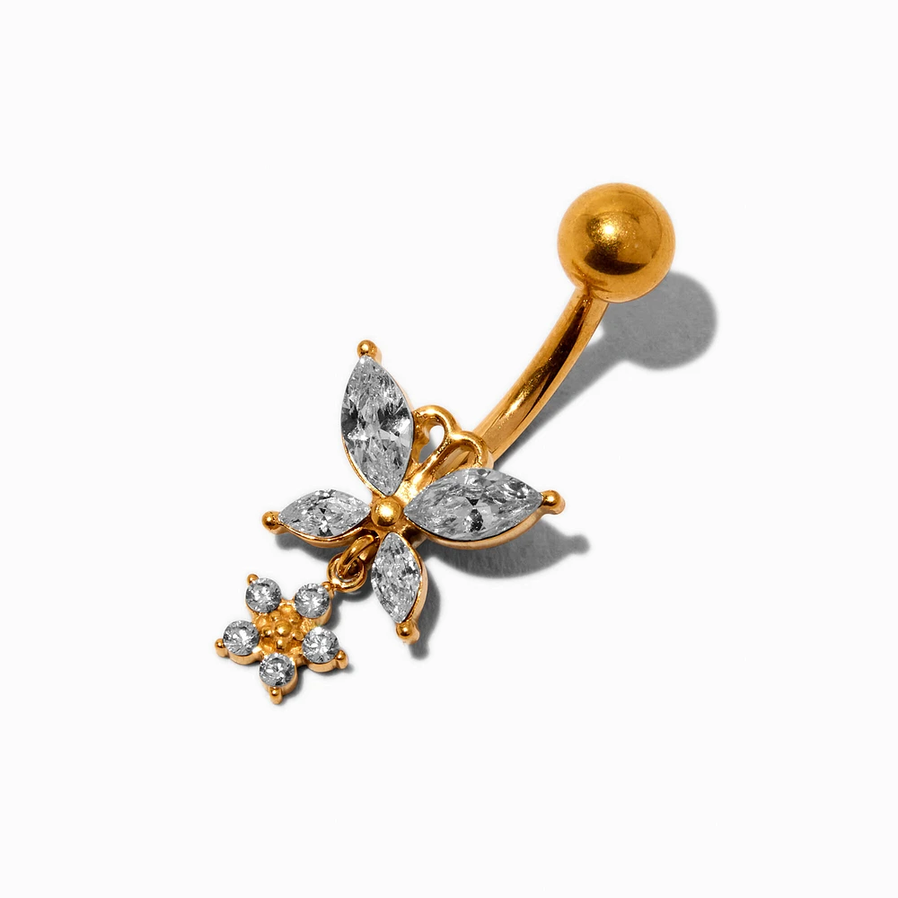 Gold-tone Titanium Cubic Zirconia Butterfly Dangle 14G Belly Bar