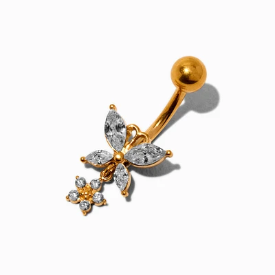 Gold-tone Titanium Cubic Zirconia Butterfly Dangle 14G Belly Bar