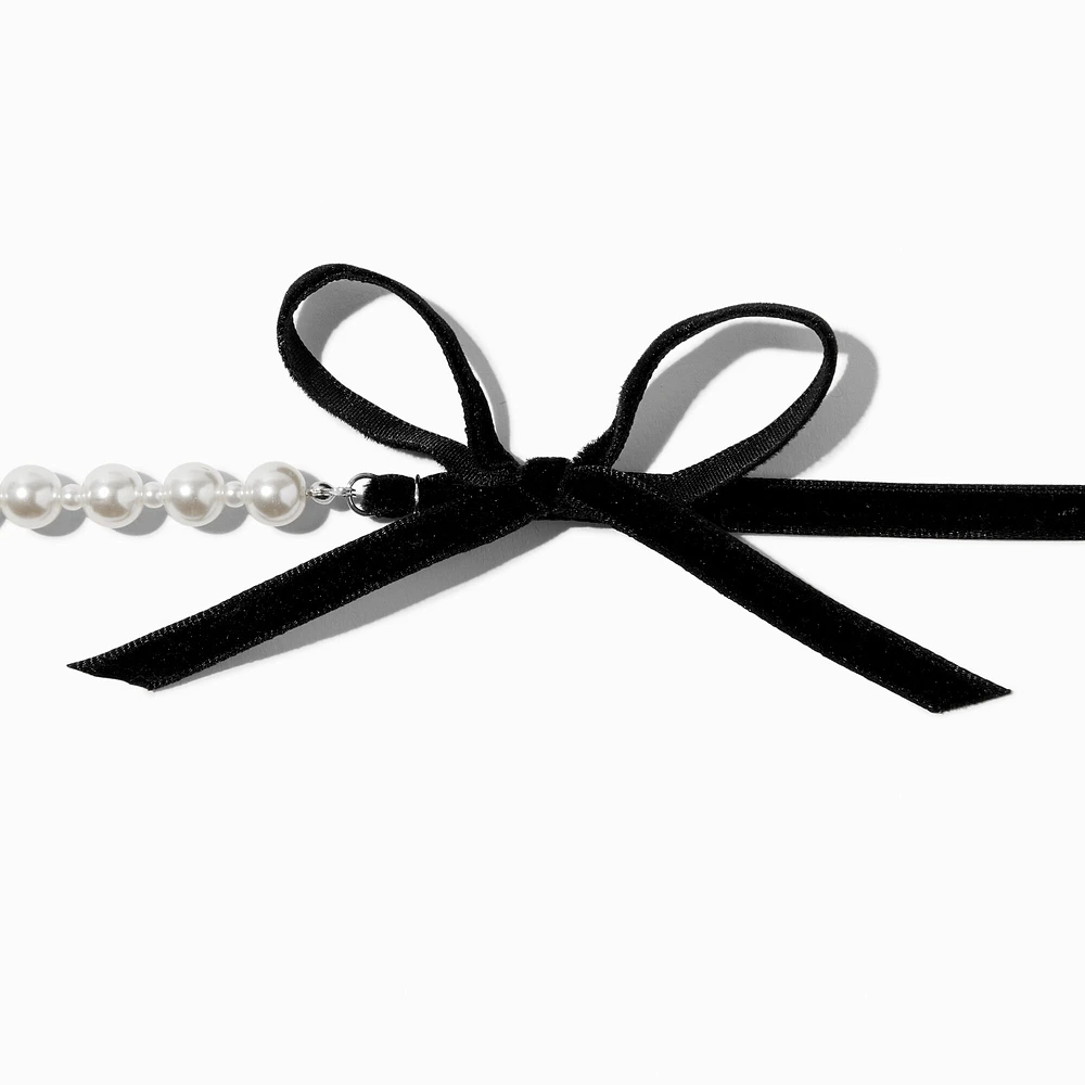 Pearl & Black Velvet Bow Choker Necklace
