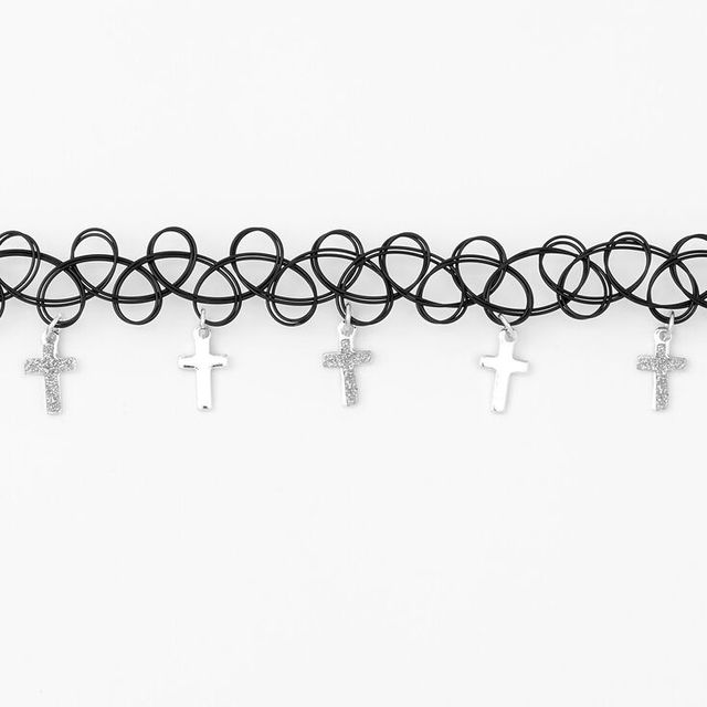 Claire's Cross Tattoo Choker Necklace - Black | Metropolis at Metrotown