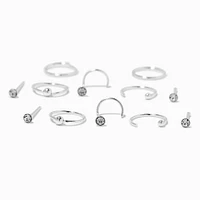 22G Sterling Silver Crystal Nose Studs & Hoops - 12 Pack