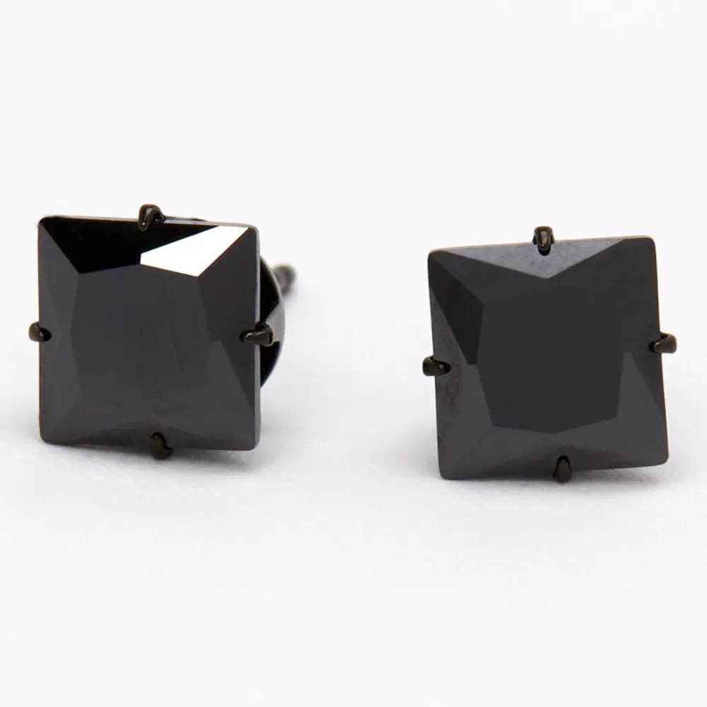 Black Titanium Cubic Zirconia Square Stud Earrings - 7MM