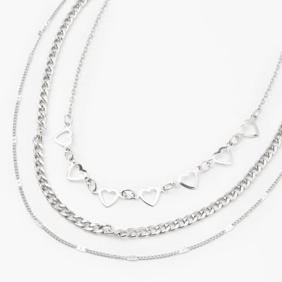 Silver Heart Chain Multi Strand Choker Necklace