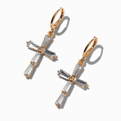 Gold-tone Crystal Baguette Cross Clicker Hoop Earrings