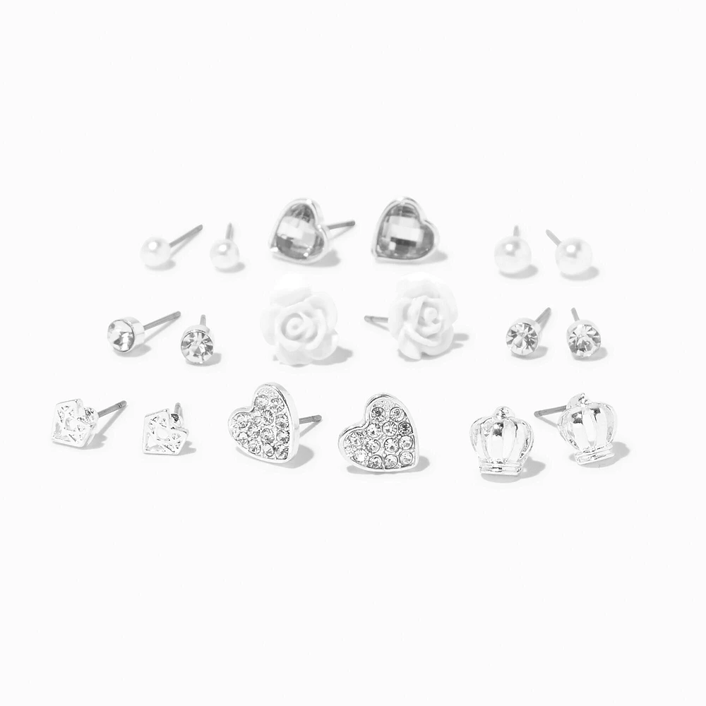 Silver Crown Heart Rose Stud Earrings - 9 Pack