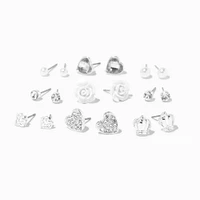 Silver Crown Heart Rose Stud Earrings - 9 Pack