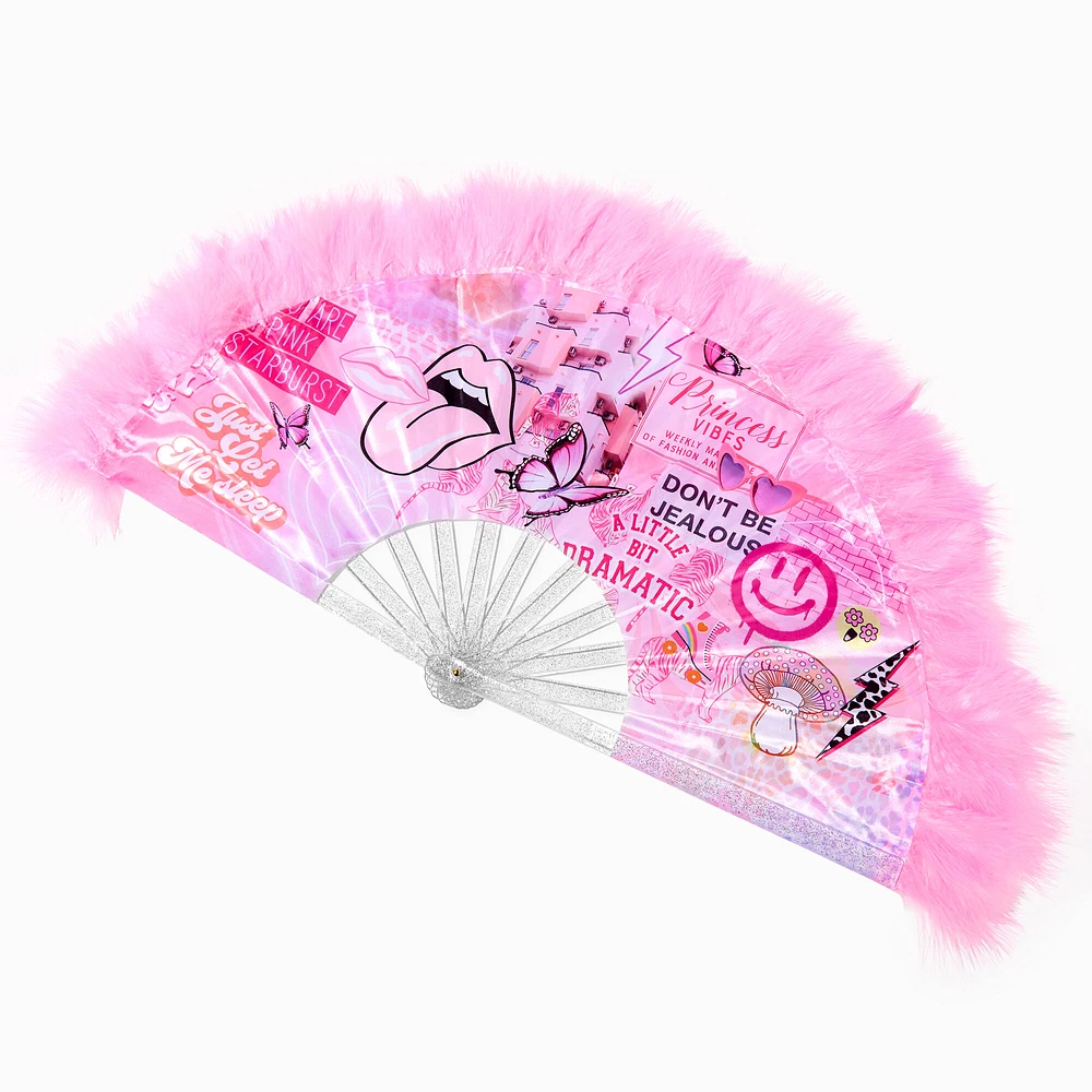 Princess Vibes Feather Trimmed Pink Folding Fan