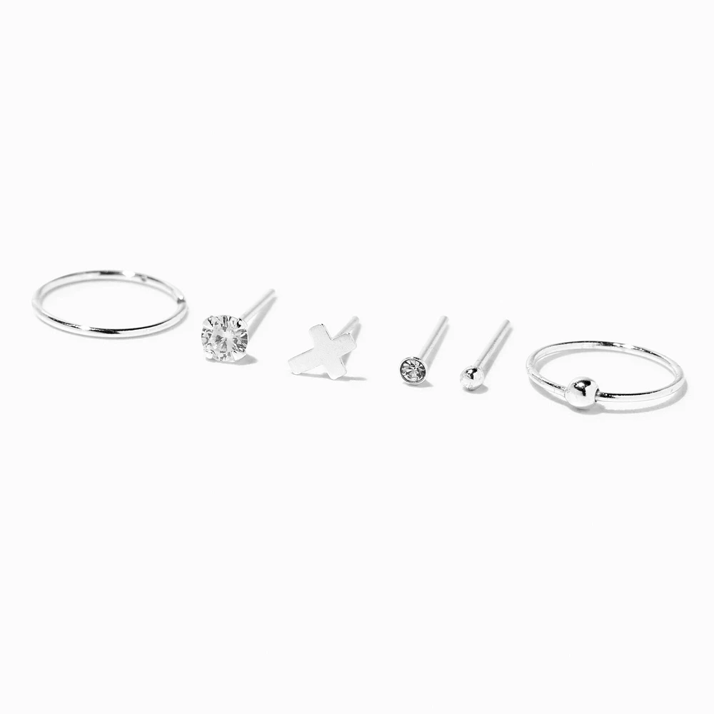 22G Sterling Silver Cross Embellished Nose Studs & Rings - 6 Pack