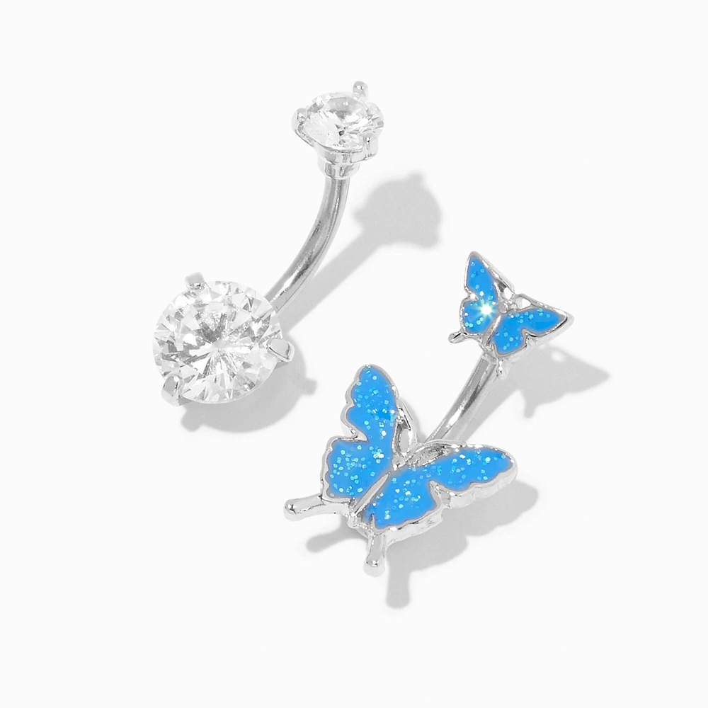 Silver-tone Stainless Steel Cubic Zirconia & Blue Butterfly 14G Belly Bars - 2 Pack