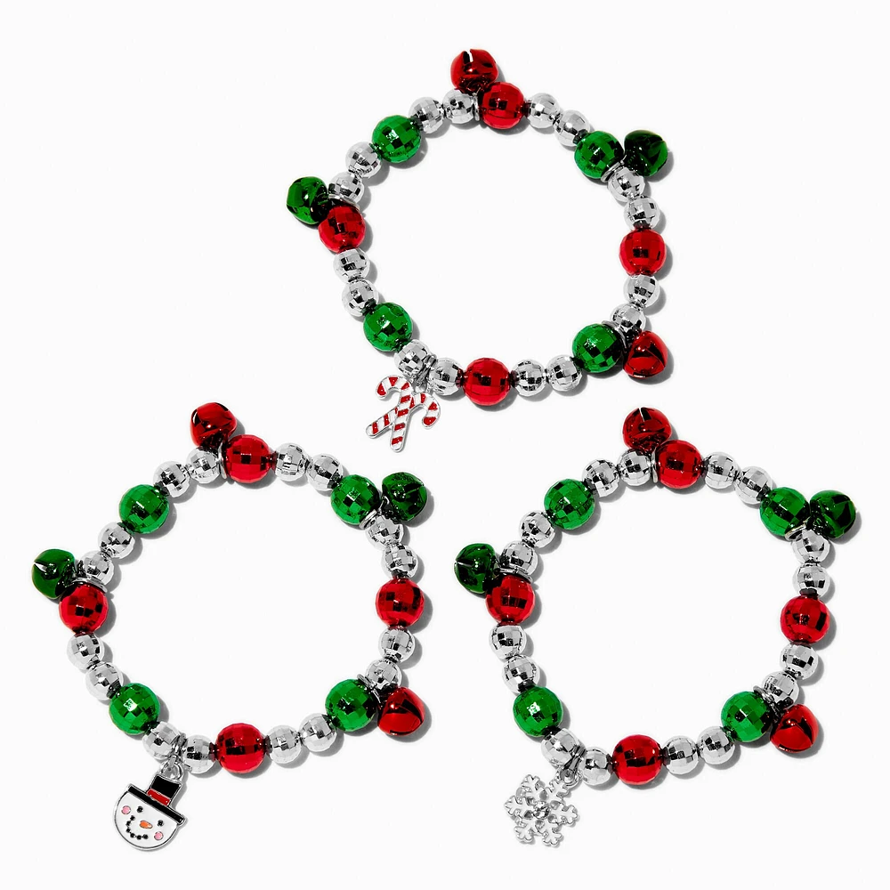 Christmas Disco Bell Charm Stretch Bracelets - 3 Pack