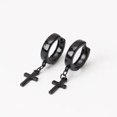 Black 15MM Cross Huggie Hoop Earrings