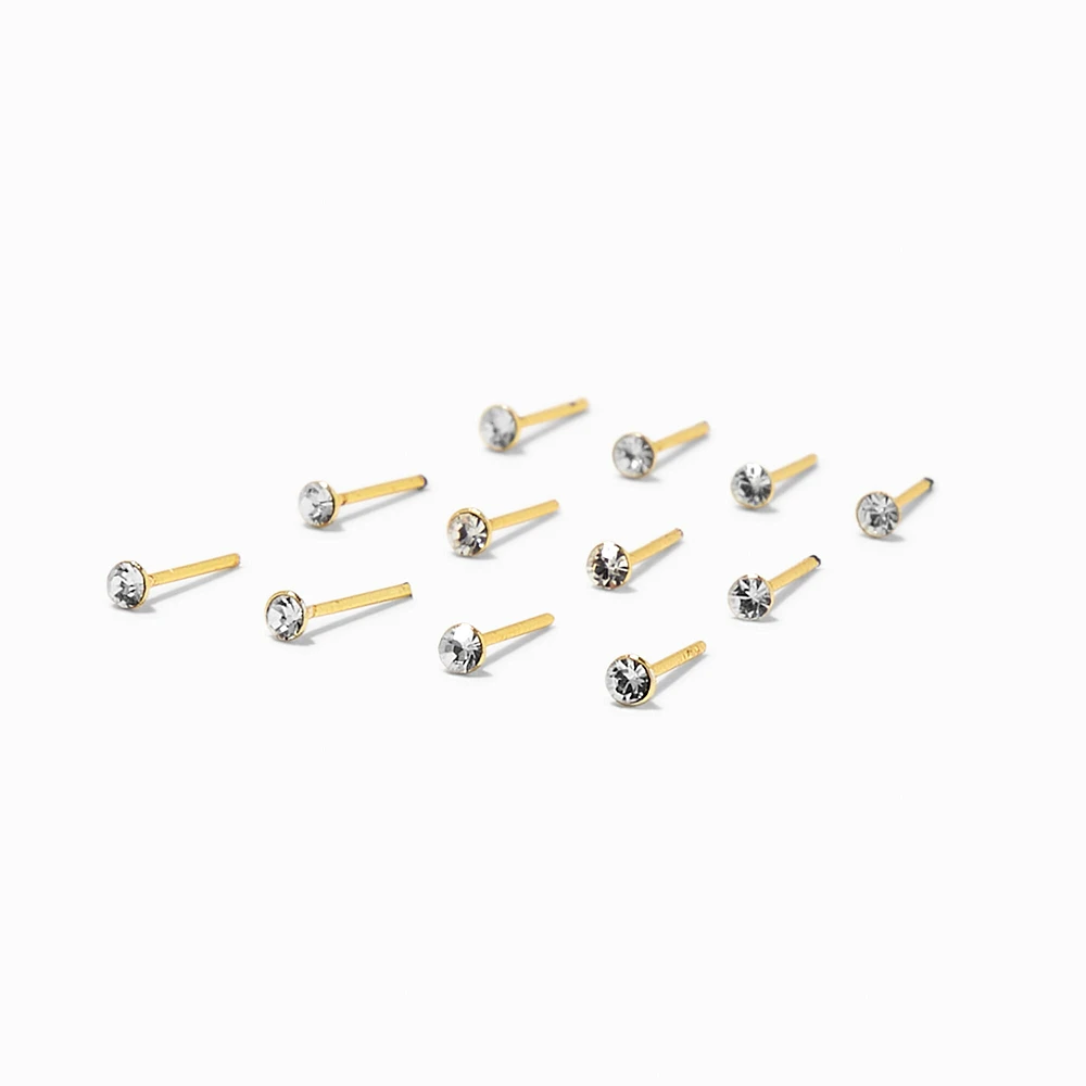 Gold Sterling Silver 22G Assorted Crystal Nose Studs - 12 Pack