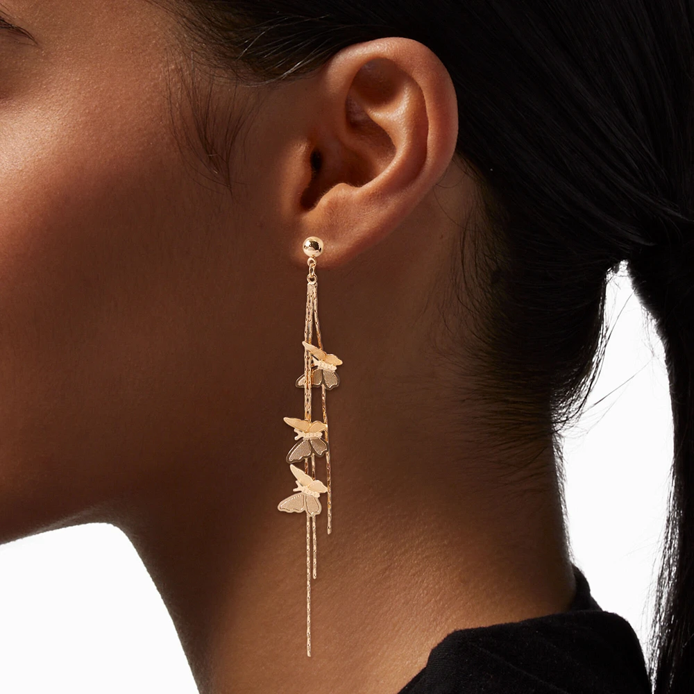 Gold-tone Triple Butterfly 4" Drop Earrings