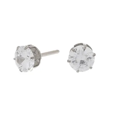 Silver Titanium Cubic Zirconia Round Stud Earrings - 6MM