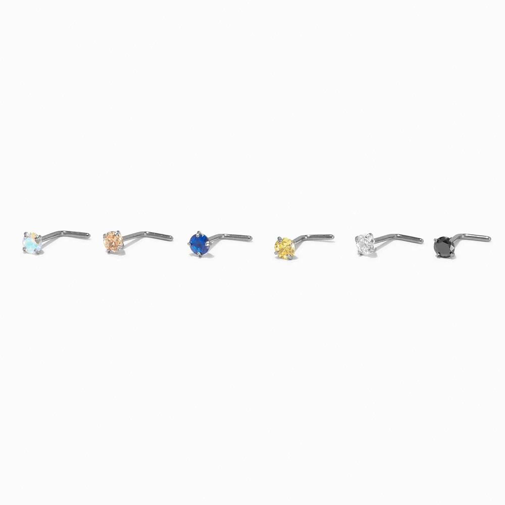 Silver-tone Titanium Colored Cubic Zirconia 20G Nose Studs - 6 Pack