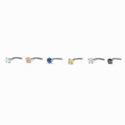 20G Silver-tone Titanium Colored Cubic Zirconia Nose Studs - 6 Pack