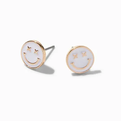 White Happy Face Gold Stud Earrings