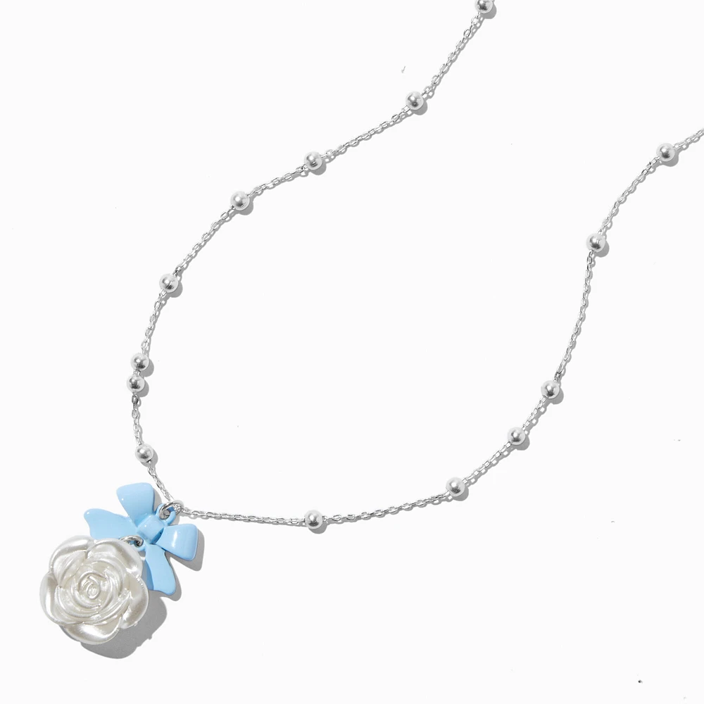 Blue Bow & Rose Pearl Silver-tone Necklace