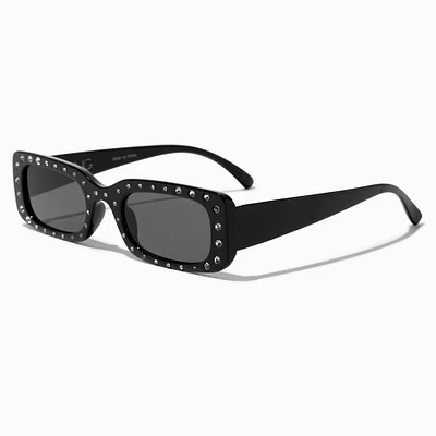 Rhinestone Studded Black Rectangular Sunglasses