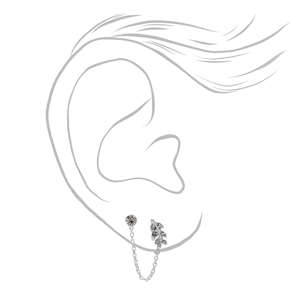 Sterling Silver Embellished Leaf Connector Chain Stud Earrings