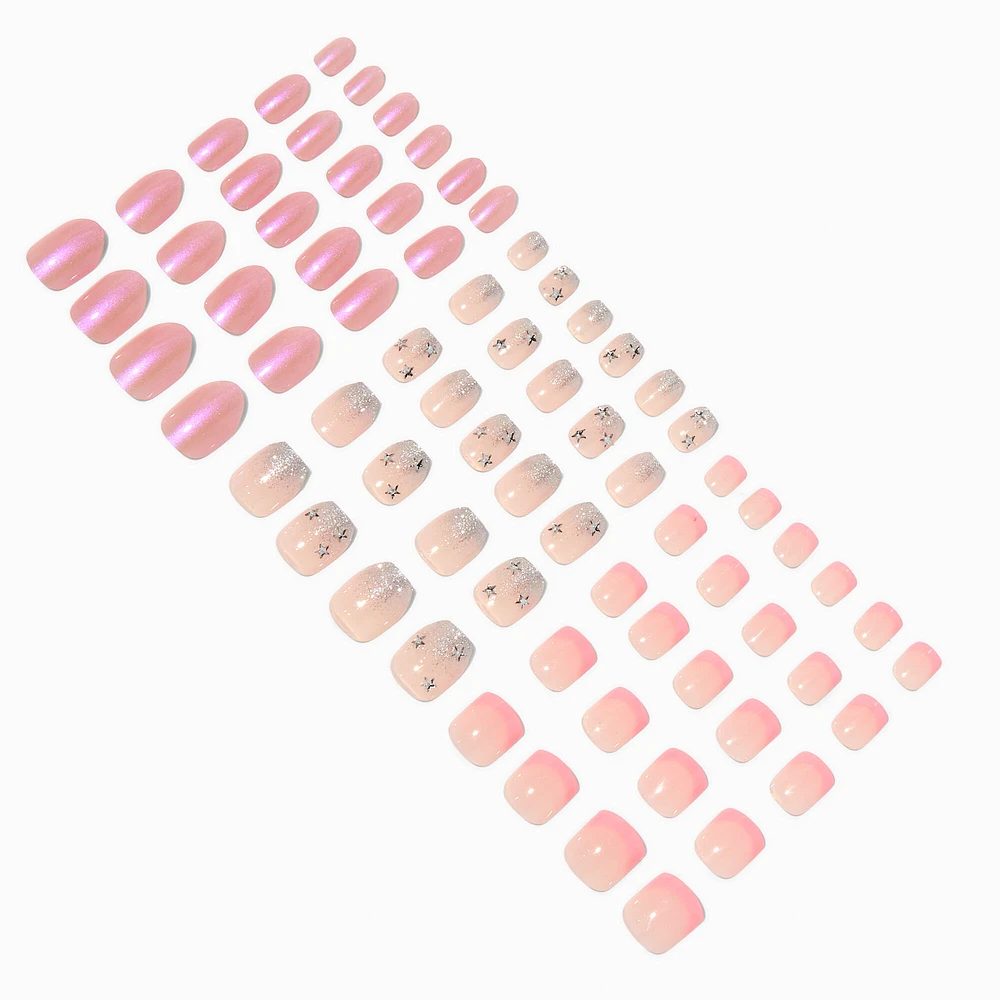 Pink Gem Mixed Press On Vegan Faux Nail Set - 3 Pack