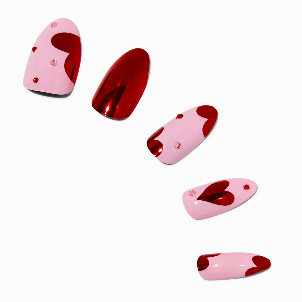 Metallic Red Heart Valentine's Day Almond Press On Faux Nail Set - 24 Pack