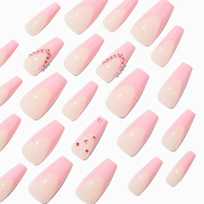 Pink French Tip Bling Squareletto Vegan Faux Nail Set - 24 Pack