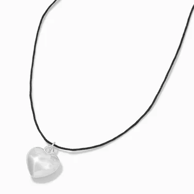 Puffy Silver-tone Heart Black Cord Pendant Necklace