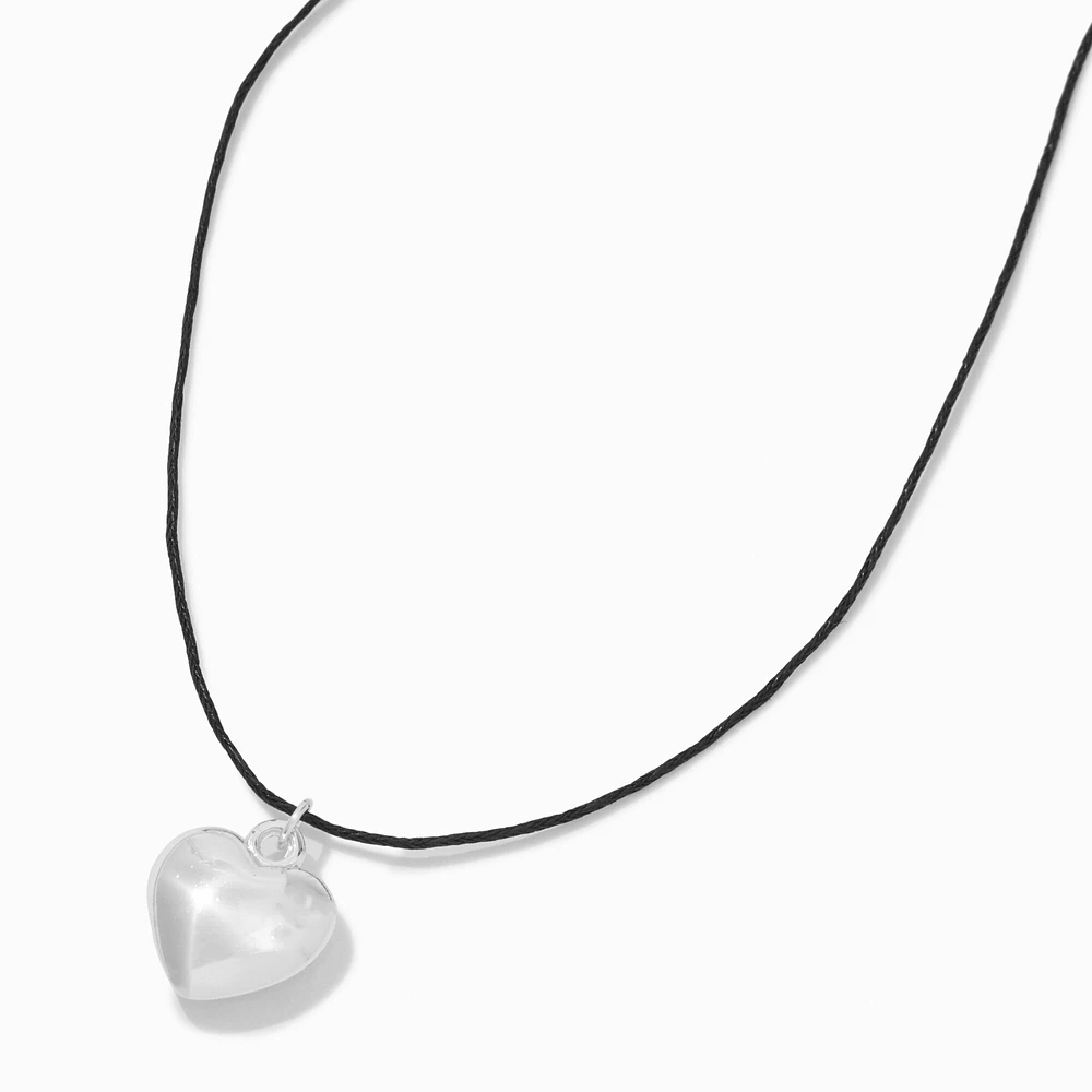 Puffy Silver-tone Heart Black Cord Pendant Necklace