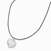 Puffy Silver-tone Heart Black Cord Pendant Necklace