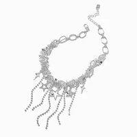 Silver-tone Star Chain Fringe Statement Necklace