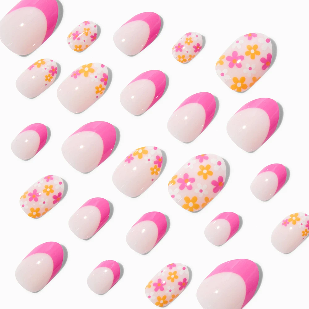 Pink French Tip Daisy Stiletto Press On Faux Nail Set - 24 Pack