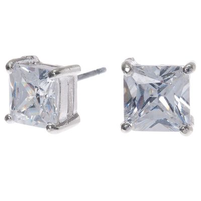 Silver Cubic Zirconia Square Stud Earrings - 7MM