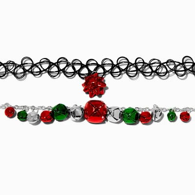 Christmas Bells & Gift Bow Tattoo Choker Necklaces - 2 Pack