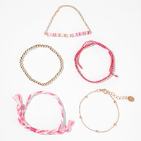 Gold & Pink Beaded & Woven Bracelet Set - 5 Pack