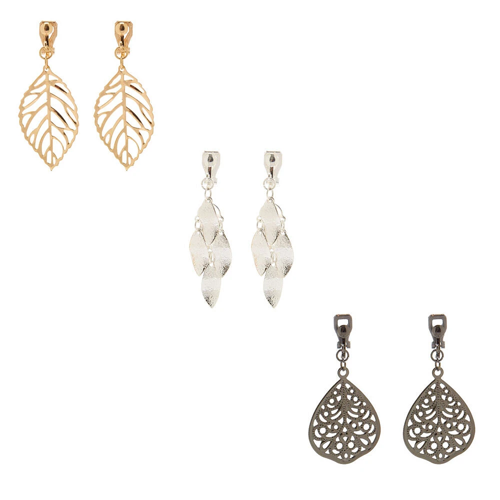 Mixed Metal 1.5" Filigree Leaf Clip-On Drop Earrings - 3 Pack