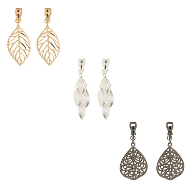 Mixed Metal 1.5" Filigree Leaf Clip on Drop Earrings - 3 Pack