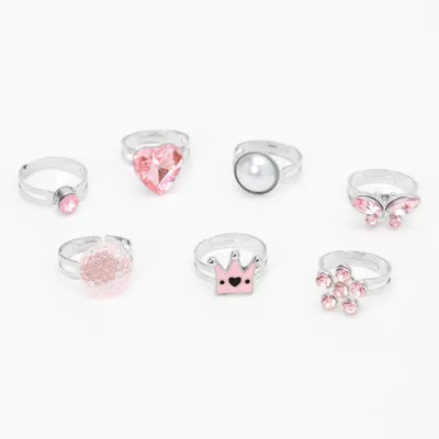 Claire's Club Pretty Pincess Rings - Pink, 7 Pack