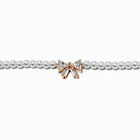 Gold-tone Cubic Zirconia Bow Pearl Choker Necklace