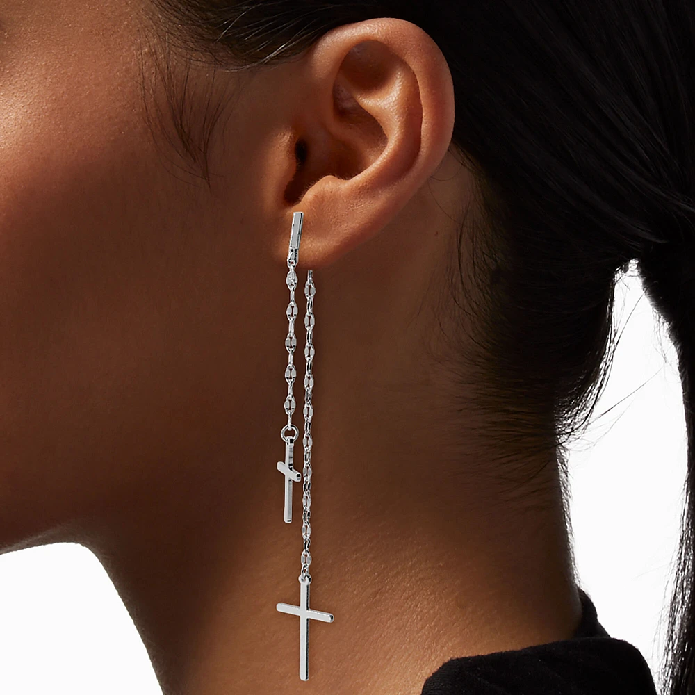 Silver-tone Cross Tinsel Chain Drop Earrings