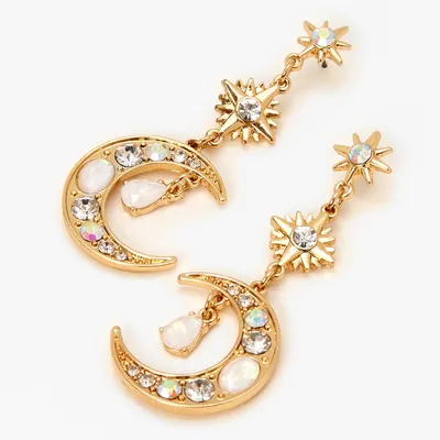 Gold 2" Opal Starburst Moon Drop Earrings
