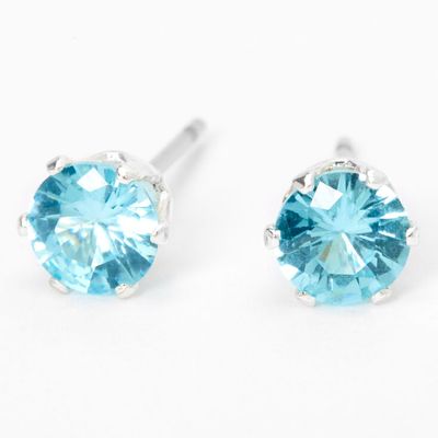 Silver Cubic Zirconia Round Stud Earrings - Turquoise, 5MM