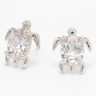 Silver-tone Cubic Zirconia Turtle 8MM Stud Earrings