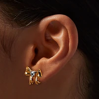 Gold-tone Crystal Heart Bow Stud Earrings